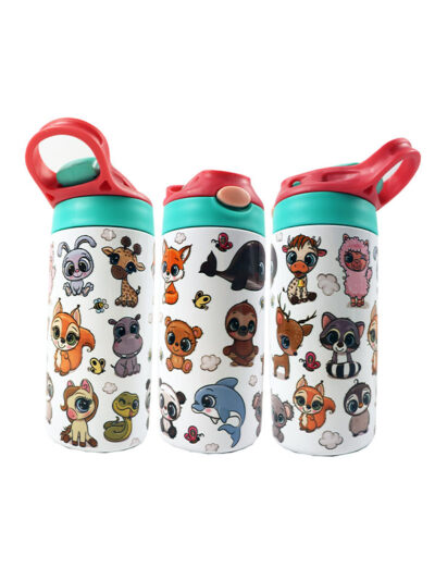 This kids’ bottle is suitable for young children. By pressing the button as the lid opens up a rubber straw pops out. This kids’ bottle is featuring an array of wild animals in cartoon style. You can see a panda, snake, rabbit, dolphin, fox and many more cute little friendly animals. Customized Bottle Gifts