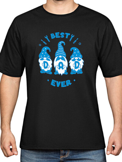 black t-shirt gift for men with gnomes in blue & white and text which says "Best Dad Ever".