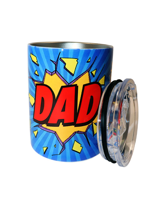 Comic-style blue travel mug with “DAD” and pop art words.