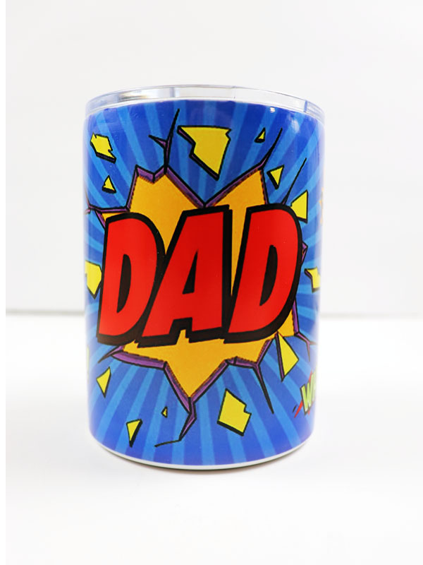 Comic-style blue travel mug with “DAD” and pop art words.