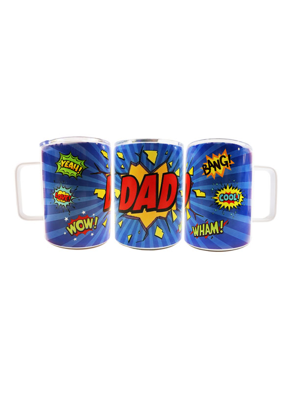 Comic-style blue travel mug with “DAD” and pop art words.