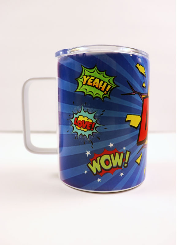 Comic-style blue travel mug with “DAD” and pop art words.