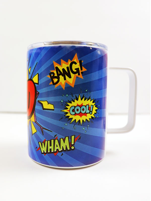 Comic-style blue travel mug with “DAD” and pop art words.